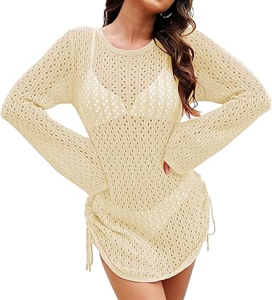 Photo 1 of Pink Queen Women Crochet Swimsuit Cover Up Long Sleeve Beach Dress Knit Cover Ups for Bathing Suits Tops Large