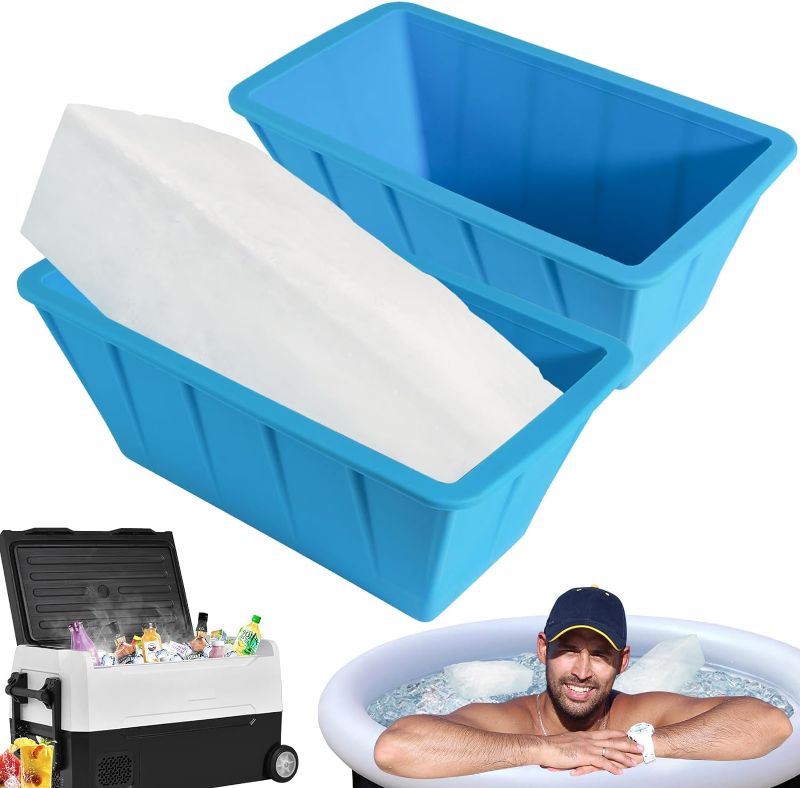 Photo 1 of 2 Pack Extra Large Silicone Ice Cube Tray Square, Flodable Easy Release Ice Cube Trays with Lid BPA Free, Stackable Blue Reusable Ice Brick Mold Ice Bath, Thick Freezer Ice Cube Container