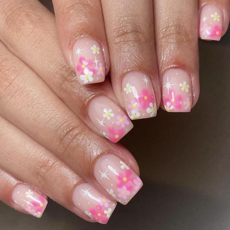 Photo 1 of Flower Press on Nails Medium Square Pink Daisy Design Acrylic Nails Spring Summer Flower False Nail Tips Manicure for Women and Girls 24Pcs 