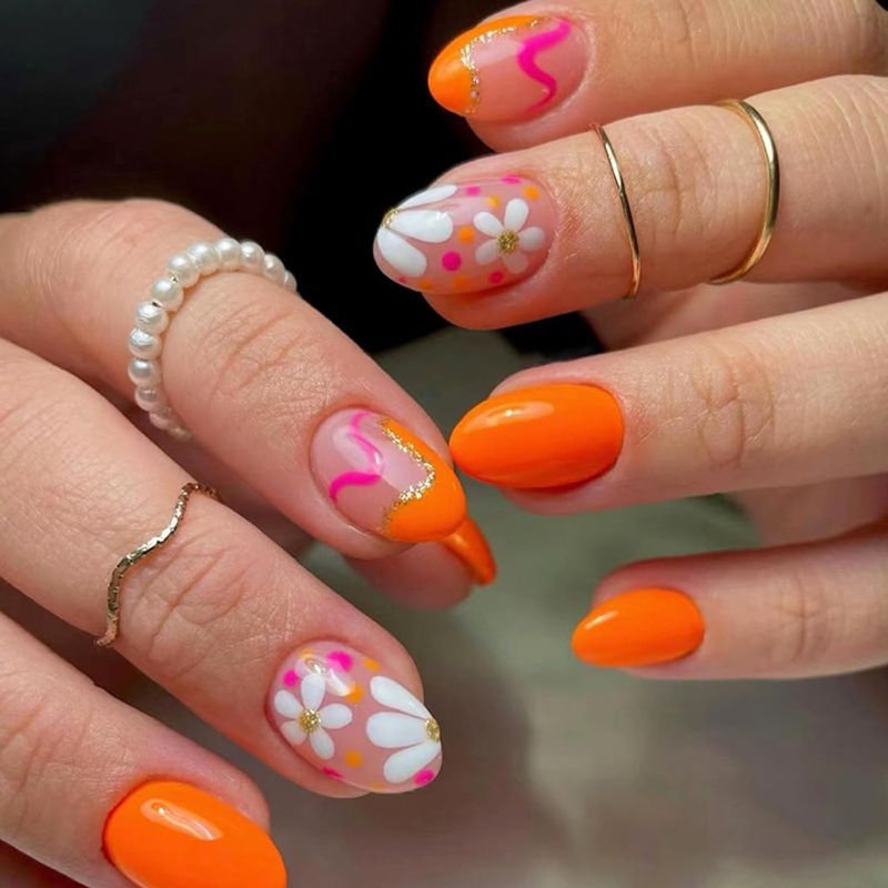 Photo 1 of Flower Press on Nails Medium Almond White Daisy Lines Design Acrylic Nails Spring Summer Flower False Nail Tips Manicure for Women and Girls 24Pcs 