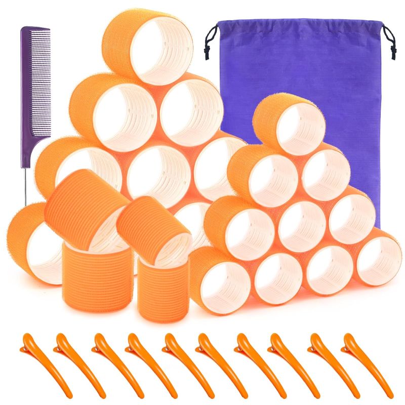 Photo 1 of Self grip hair roller set 24 pcs,Heatless hair curlers,Hair rollers with hair roller clips and comb,Salon hairdressing curlers,DIY Hair Styles, Sungenol 2 Sizes Orange Hair Rollers in 1 set 