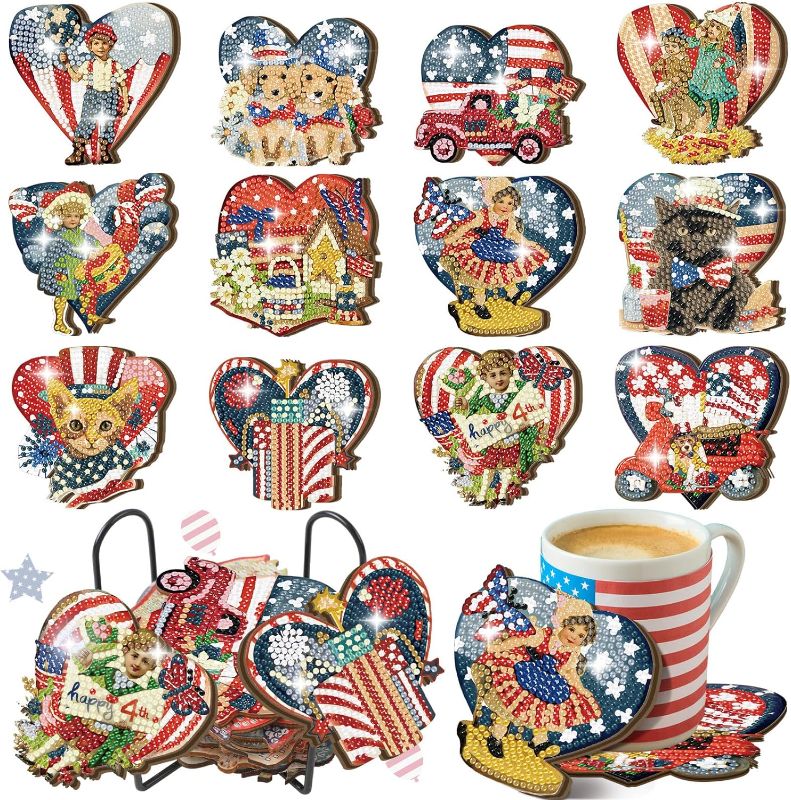 Photo 1 of FoldTier 12 Pcs Vintage 4th of July Diamond Art Painting Coasters Kits with Holder Independence Day DIY Diamond Art Coaster Diamond Painting Ornament Kits Diamond Painting Kits Supplies for Adult Gift 