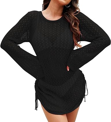 Photo 1 of Pink Queen Women Crochet Swimsuit Cover Up Long Sleeve Beach Dress Knit Cover Ups for Bathing Suits Tops Large
