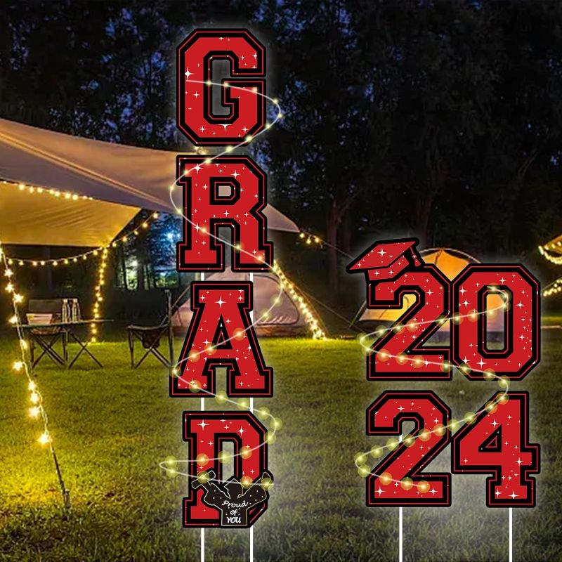 Photo 1 of NUTTYBASH Graduation Yard Signs Class of 2024, 6PCS Red Graduation Party Yard Signs with LED Light Congrats Grad Class of 2024, Outdoor Lawn Decor Sign for Grad Party Decor Supplies