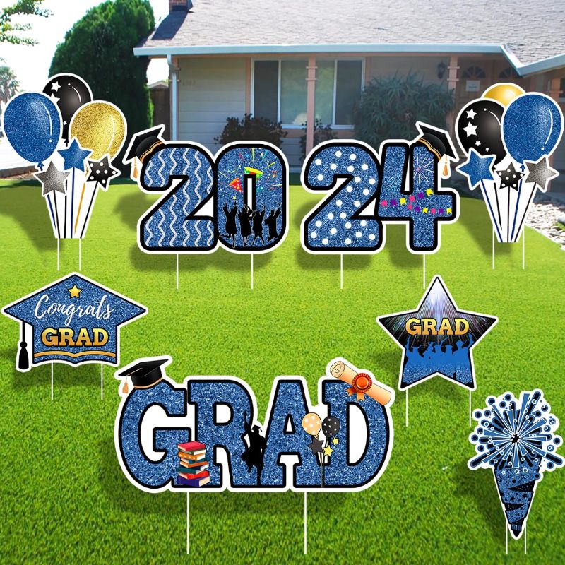 Photo 1 of 2024 Graduation Yard Sign Stakes Decorations - 8 Pcs 2024 Congrats Grad Lawn Decor - Waterproof Graduation Yard Signs - Lawn Sign Photo Props for High School or College Graduation Party (BLUE)