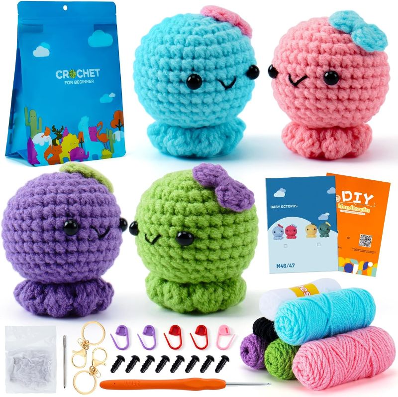 Photo 1 of Auspicious Beginning Crochet Kit, Octopus Family Crochet Animal Kit for Adults, 4PCS, with Video Tutorials 