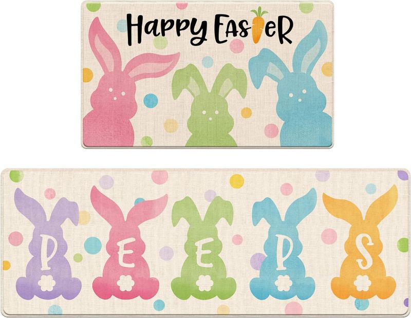 Photo 1 of Tailus Happy Easter Bunny Peeps Decorative Kitchen Rugs Set of 2, Colorful Rabbit Kitchen Mat Polka Dots Non-Slip Floor Mat, Holiday Home Kitchen Decorations - 17x29 and 17x47 Inch 