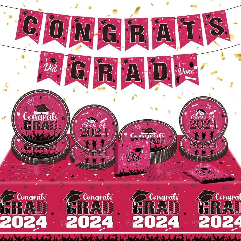 Photo 1 of Coskingland Graduation Party Supplies 2024 - 99PCS Graduation Party Decorations 2024 Maroon Graduation Banner Decor Class of 2024 Congrats Grad Paper Plates Napkins Forks Plastic Tablecloth Supplies 