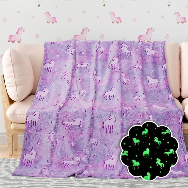 Photo 1 of BORORO Unicorn Gifts Purple Glow in The Dark Blanket for Kids Unicorns Toys for Girls Cute Blankets for Birthday Halloween Christmas Valentines Gifts
