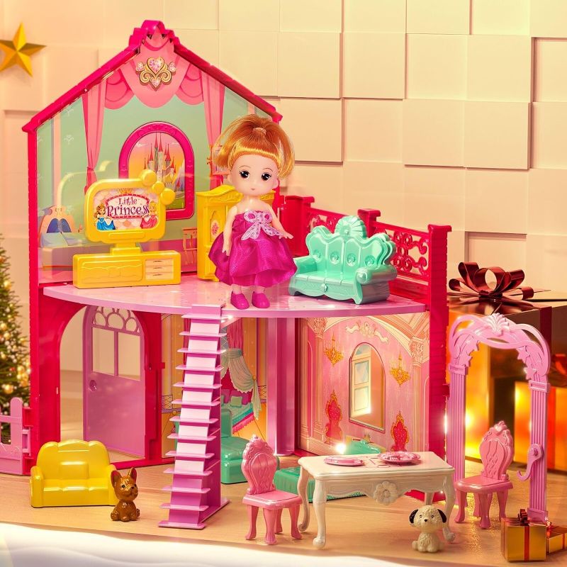 Photo 1 of TEMI DollHouse Furniture Pink Girl Toys, Dollhouse Kit with Dolls Toy Figures, Fully Furnished Fashion Dollhouse, Pretend Dollhouse with Accessories, Gift Toy for Kids Ages 3 4 5 6 7 8+ 