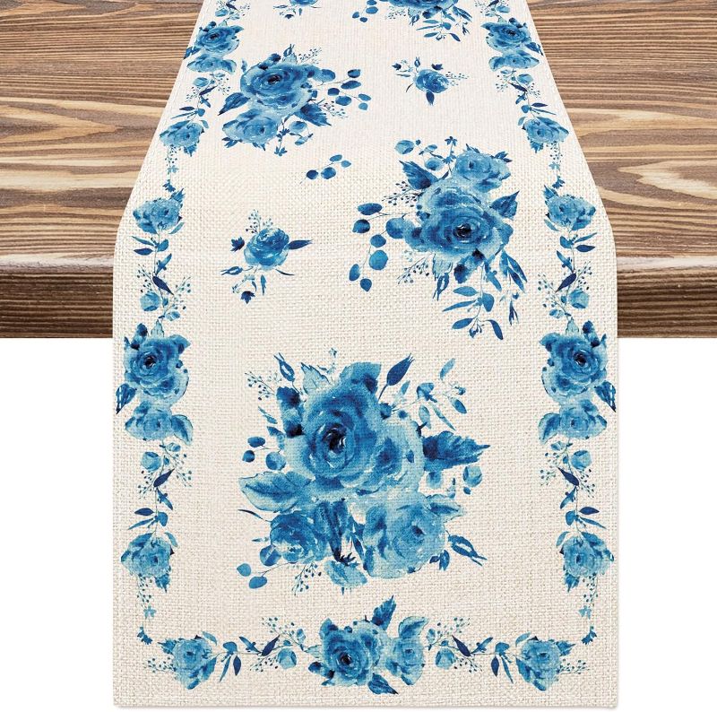 Photo 1 of AnyDesign Blue Floral Table Runner Watercolor Rose Kitchen Dining Table Decoration Blue Flower Table Cover for Indoor Outdoor Home Kitchen Party Supplies, 13 x 72 Inch 