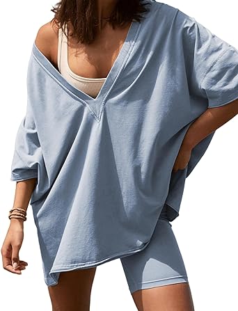 Photo 1 of GTLIAE Womens Oversized 2 Piece Outfits Reversible Short Sets V Neck T Shirt Tops Biker Shorts Workout Tracksuit(chaping) Medium