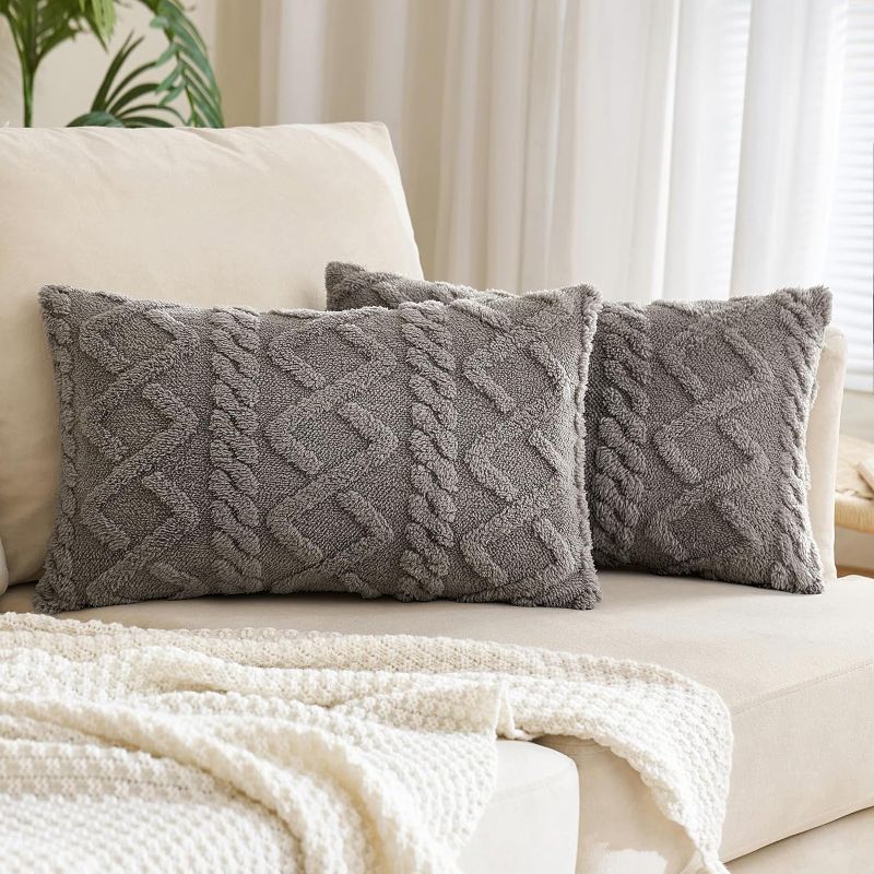 Photo 1 of EMEMA Decorative Faux Wool Throw Pillow Covers Soft Plush Fuzzy Short Fleece Rectangle Cushion Covers Solid Pillowcases for Couch Bed Sofa Living Room Pack of 2, 12x20 Inch Dark Gray 