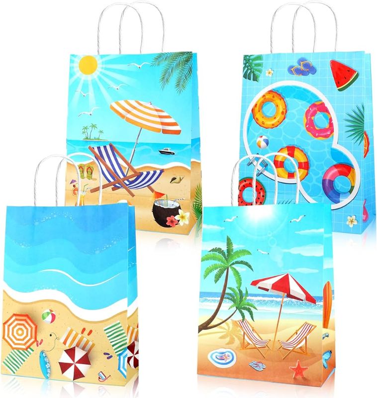 Photo 1 of 12 Pieces Summer Pool Party Gift Bags, Summer Pool Party Goody Gift Candy Treat Bags with Stickers, Swimming Pool Party Supplies for Hawaiian Luau Party Beach Birthday Summer Holiday Decoration 