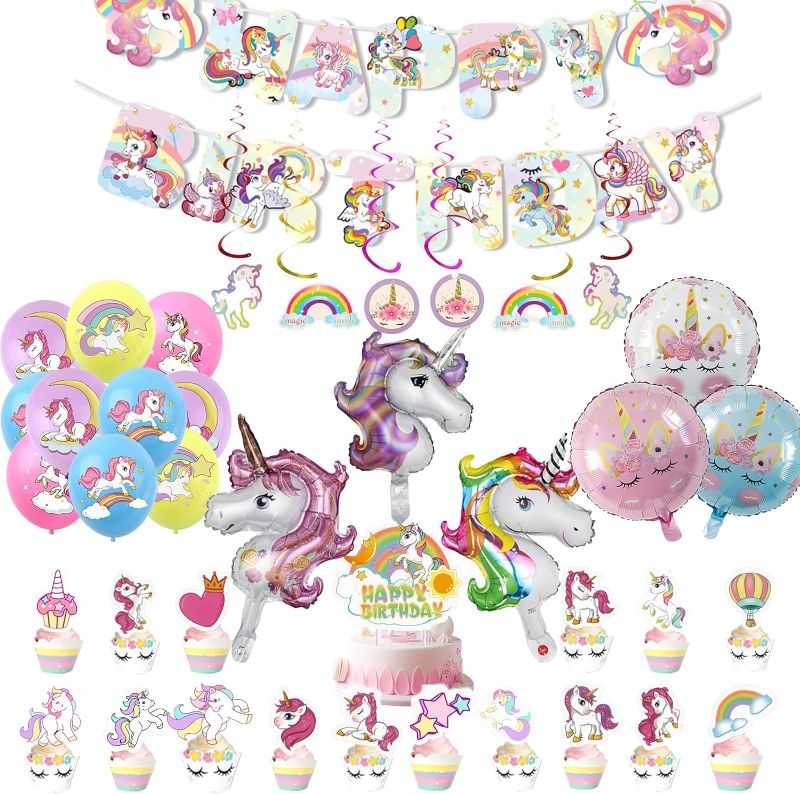 Photo 1 of Unicorn Birthday Party Decorations for Girls, Unicorn Happy Birthday Banner, Unicorn Birthday Cake Toppers, Unicorn Balloons Kit, Hanging Swirl for Girls Unicorn Party Supplies Backdrop 