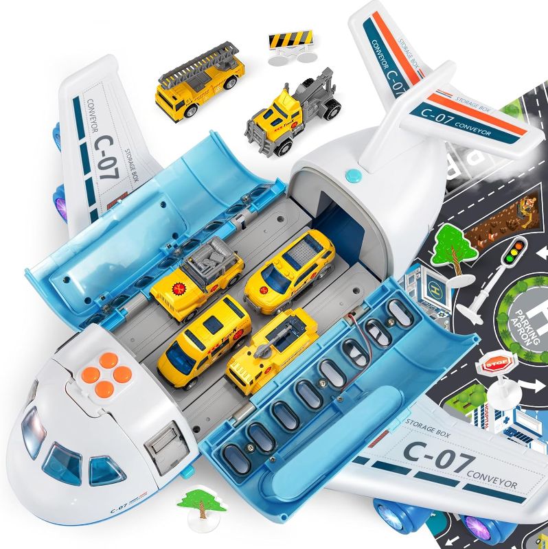 Photo 1 of TEMI Mist Spay Storage Transport Plane Cargo with 6 Free Wheel Diecast Construction Vehicles and Playmat, Kids Toy Jet Aircraft with Lights & Sounds for 3 4 5 6 Years Old Boys and Girls 