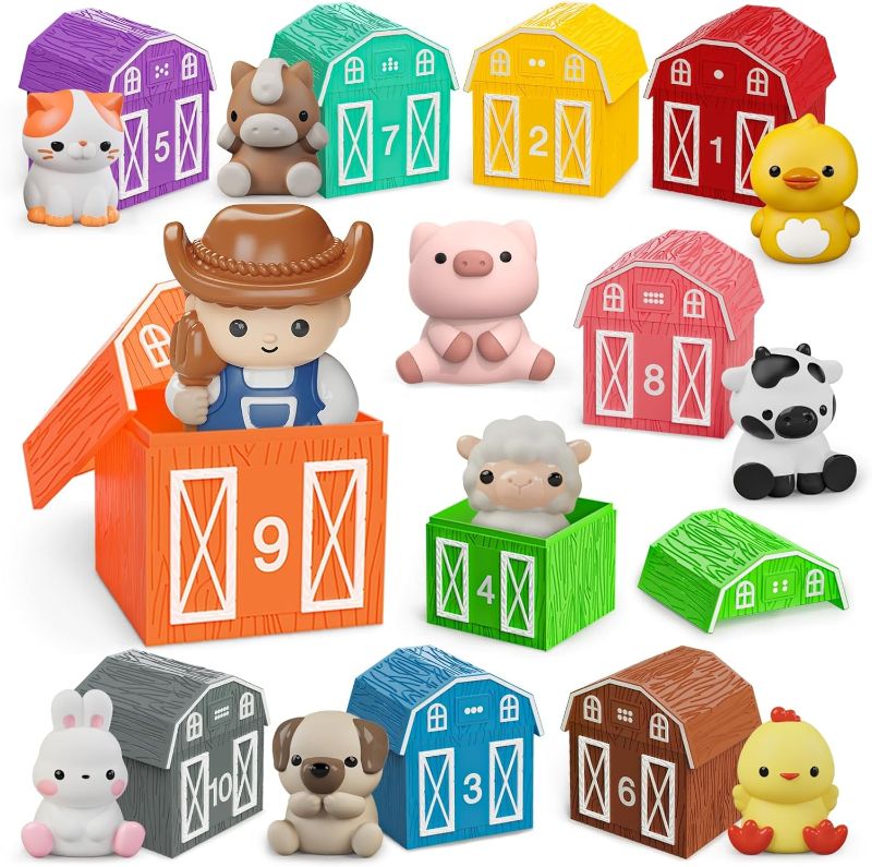 Photo 1 of Learning Toy for Toddlers 1 2 3+ Years Old, 20 PCS Farm Animal Barn Toy & Finger Puppets, Montessori Educational Toy for Kids,Easter Gift Toy with 10 Animals & 10 Barns for Babies Boys Girls

