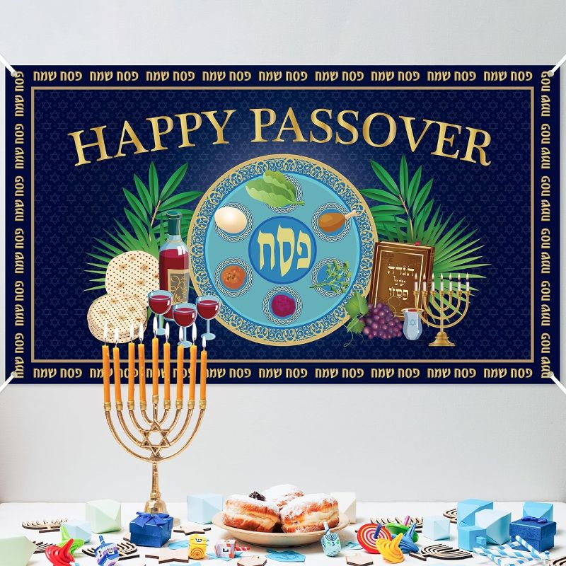 Photo 1 of ANGOLIO Passover Jewish Backdrop Banner - XtraLarge Happy Passover Backdrop Banner Jewish Holiday Decor Photography Banner Party for Christian Prayers April Travel Outdoor and Indoor Photography Decor 