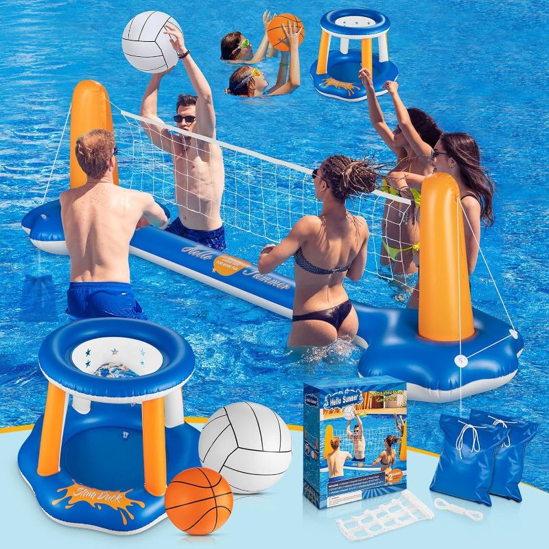 Photo 1 of Pool Volleyball Set & Basketball Hoop - 120'' Large Pool Volleyball Net for Inground Includes 2 Balls & 2 Weight Bags, Pool Toys Game for Kids Teens and Adults - Volleyball Court (120”x38”x30”) 