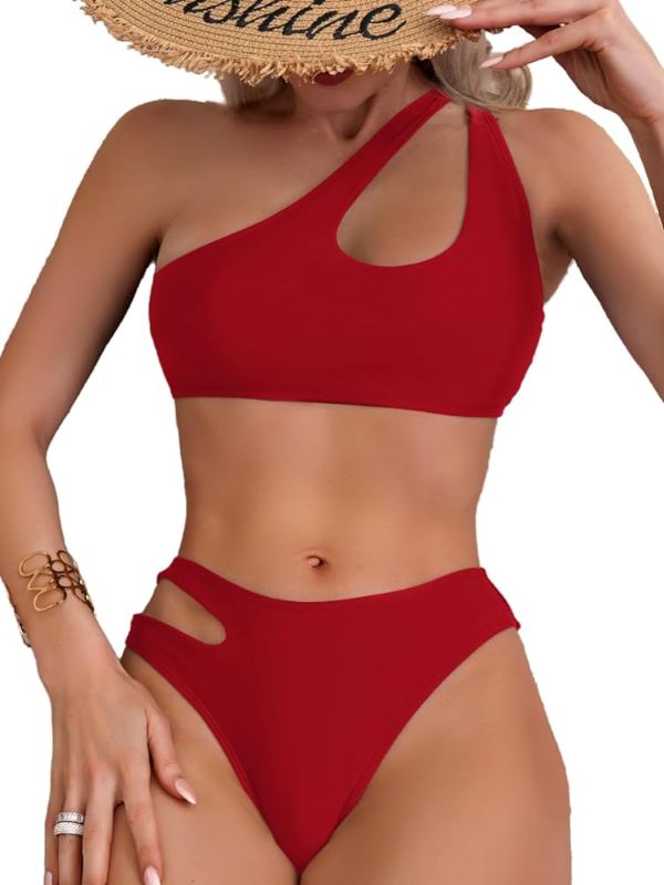Photo 1 of MakeMeChic Women's 2 Piece Bathing Suit One Shoulder Cut Out High Waisted Bikini Swimsuit Large Red