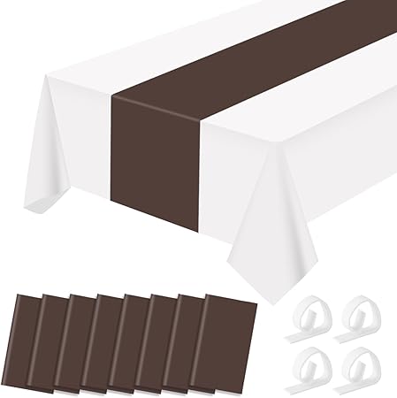 Photo 1 of Premium Disposable Plastic Table Runner 14 x 108 Inch Table Runner for Wedding Dinner Birthday Banquet Halloween, Christmas Party Decoration (Brown, 8 Pack Rectangle)