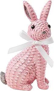 Photo 1 of Rattan Rabbit Woven Rabbit Bow Resin Ornaments for Home Courtyard Lawn Tabletop and Easter Decoration to Enhance The Easter Atmosphere Preferred Easter Gifts (8.1in Pink Seat)