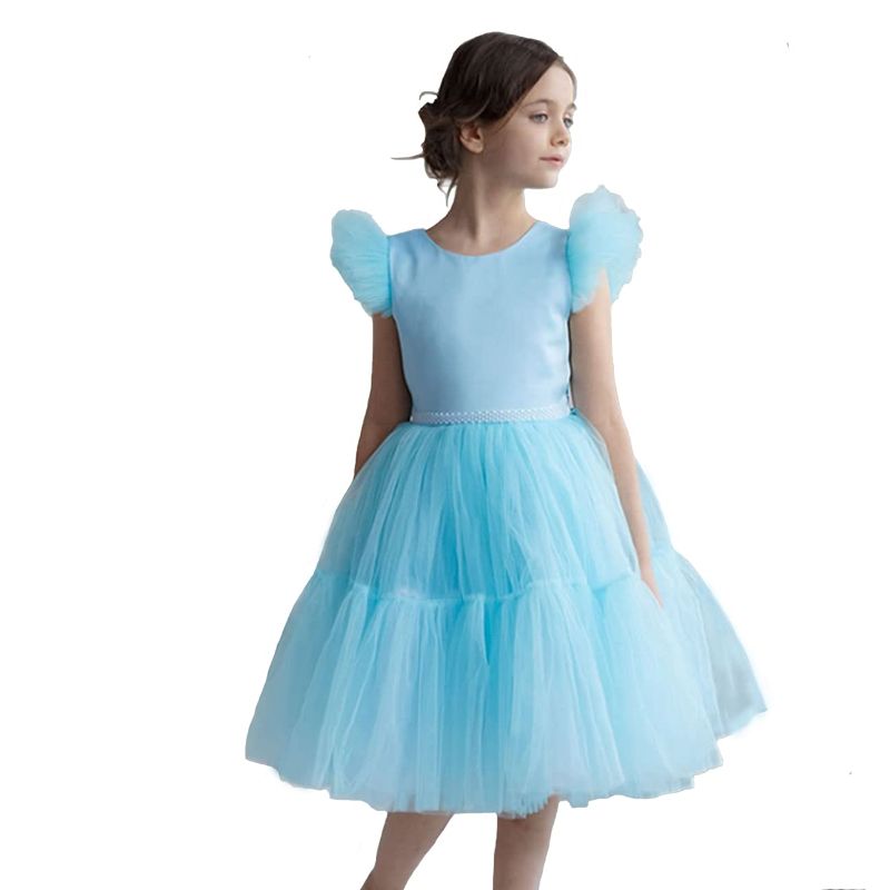 Photo 1 of 10-11 -  Big Girls Bridesmaid Dress Backless Princess Dress Tulle Wedding Flower Girl Dress Light Blue 