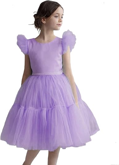 Photo 1 of 6-7  -  Big Girls Bridesmaid Dress Backless Princess Dress Tulle Wedding Flower Girl Dress Light Purple 