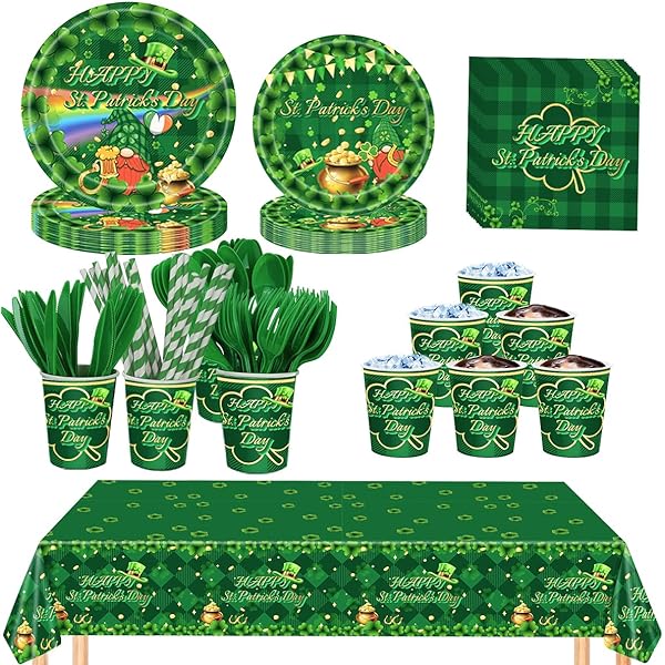 Photo 1 of 193PC St. Patrick's Day Party Plates Supplies Kit Party Decorations Tableware Set Includes Disposable Plates,Napkins Cups,Straw,Knife,Fork,Spoonand Tablecloth for Birthday Holiday Party,Serves 24