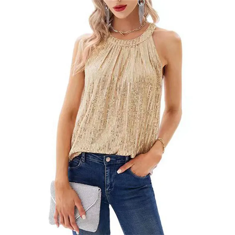 Photo 1 of 2XL - Sequin Halter Tops for Women Cocktail Vest Sleeveless Dressy Blouses Club Tank Shirt