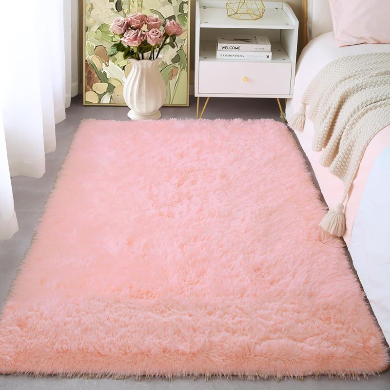 Photo 1 of 3x5 Area Rugs for Living Room, Machine Washable Soft Shaggy Rugs Fluffy Carpets, Non-Slip Indoor Floor Carpet for Living Room, Kids Baby Boys Teen Dorm Home Decor Aesthetic, Pink 3x5 Feet
