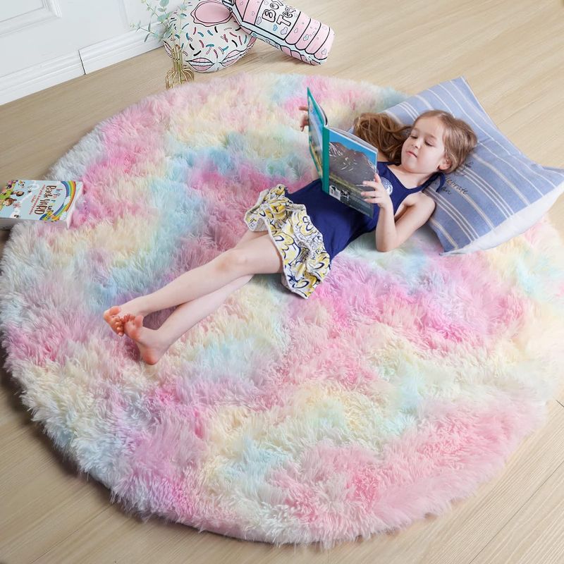 Photo 1 of Amdrebio Rainbow Fluffy Rugs for Girls Bedroom 4ft,Unicorn Room Decor,Pastel Round Rug for Kids, Shag Carpet for Nursery, Soft Play Mat for Baby, Fuzzy Area Rug for Living Room,Plush Rug for Playroom
