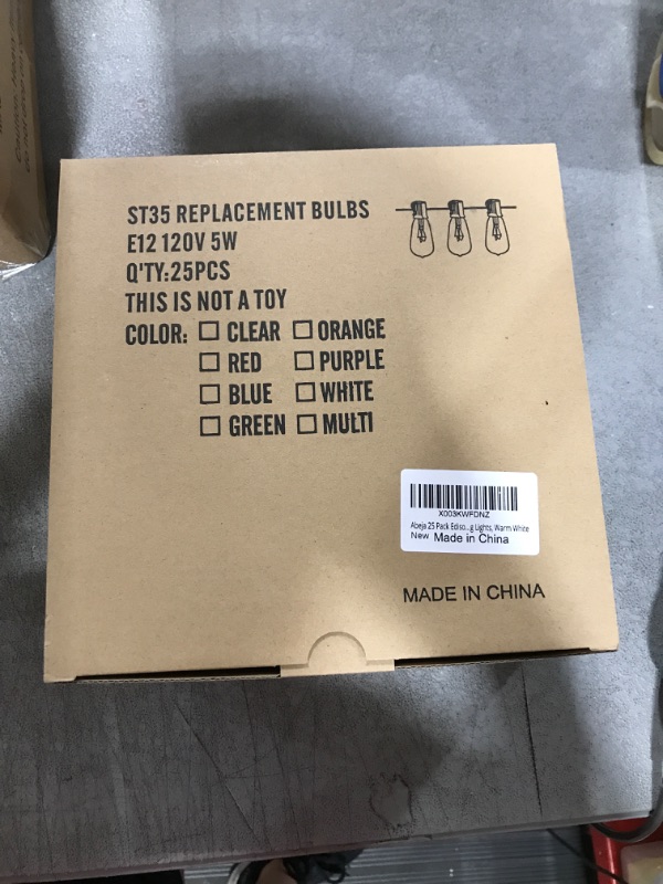 Photo 1 of Abeja 25 Pack Edison Replacement Light Bulbs, ST35 Clear Edison Light Bulbs- 5Watt E12 Candelabra Base ST35 Replacement Clear Glass Light Bulbs for Outdoor Patio String Lights, Warm White ST35-25PC