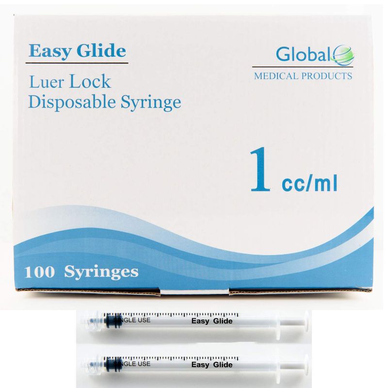 Easy Glide 1ml 1cc Sterile Syringe Luer Lock Tip, No Needle, Pack of