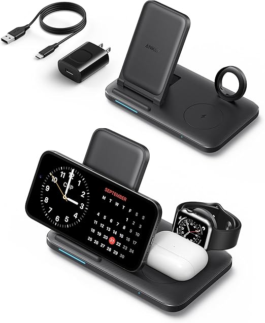 Photo 1 of Anker Foldable 3-in-1 Wireless Charging Station with Adapter, 335 Wireless Charger, for iPhone 15/14, AirPods Pro, Apple Watch Series 1-6 (Works with Original 1m/3.3ft USB-A Cable, Not Included)