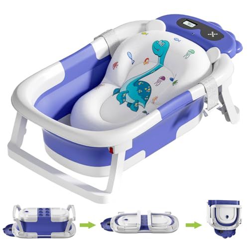 Photo 1 of Voseki Baby Bathtub, Collapsible Baby Bathtub with Thermometer, Portable Travel Baby Bath Tub, Newborn to Toddler Baby Tub with Floating Soft Cushion,