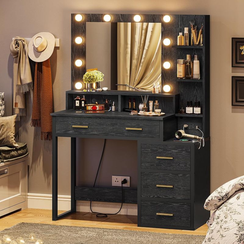 Photo 1 of Makeup Vanity with Lights and Charging Station, Black Vanity Desk with Mirror and Lights, Makeup Table with 5 Drawers and Shelves, Vanity Mirror with Lights Desk, Black Wood Grain
