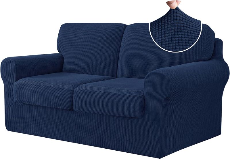 Photo 1 of CHUN YI 5 Piece Stretch Loveseat Sofa Cover, 2 Seater Couch Slipcover with Two Separate Backrests and Cushions with Elastic Band, Checks Spandex Jacquard Fabric(Medium,Dark Blue) 