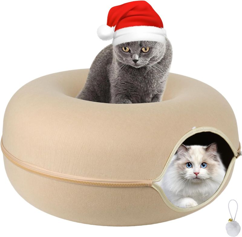 Photo 1 of Cat Tunnel Bed, Cat Cave Bed ?Beds for Indoor Cats - Large Cat House for Pet Cat Cave ?Detachable Round Felt & Washable Interior Cat Play Tunnel for Small Pets (24 Inch, Beige)