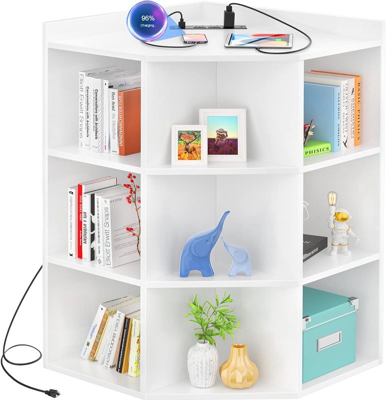 Photo 1 of Aheaplus Corner Cabinet, White Corner Storage with USB Ports and Outlets, Corner Cube Toy Storage for Small Space, Wooden Cubby Corner Bookshelf with 9 Cubes for Bedroom, Living Room, Office, White 