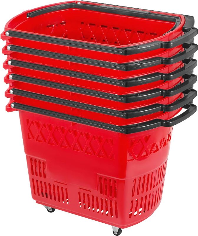 Photo 1 of Mophorn 6PCS Shopping Carts, Plastic Rolling Shopping Basket with Wheels, Red Shopping Baskets with Handles, Portable Shopping Basket Set for Retail Store 
"Items missing handles"