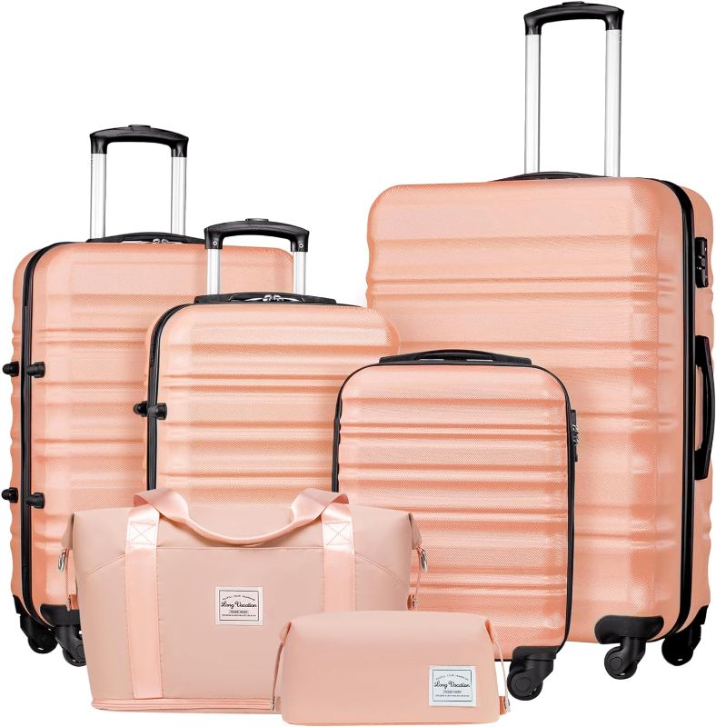 Photo 1 of LONG VACATION Luggage Set 4 Piece Luggage Set ABS hardshell TSA Lock Spinner Wheels Luggage Carry on Suitcase (PINK, 6 piece set) 