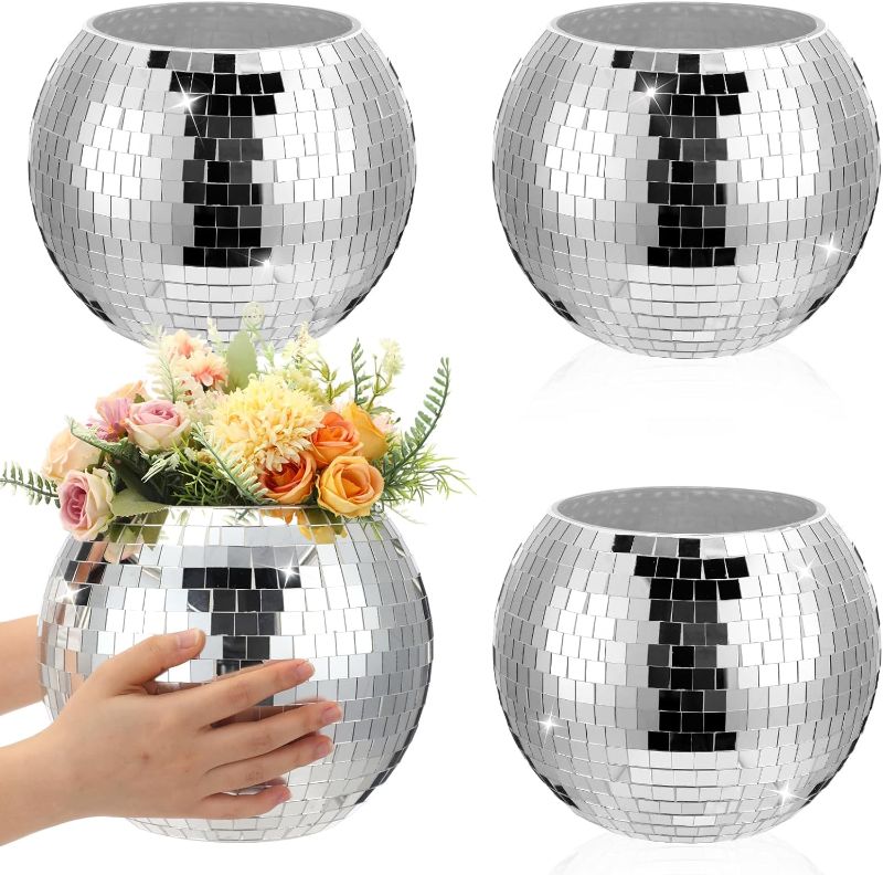 Photo 1 of Yungyan 4 Pcs Disco Ball Flower Vase 8" Large Disco Ice Bucket Plastic Disco Party Champagne Ice Bucket Disco Ball Planter Vase Bulk for Wedding Table Centerpieces Birthday Party Christmas Decoration