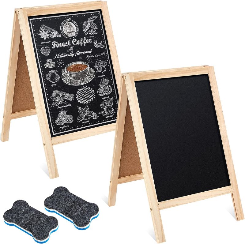 Photo 1 of 2 Pcs 15.6" x 9.75" Small Chalkboard Signs Tabletop Menu Board Wooden a Frame Chalkboard Easel Sandwich Board Double Sided Chalkboard with 2 Eraser for Wedding Parties Display Sidewalk Message Sign
