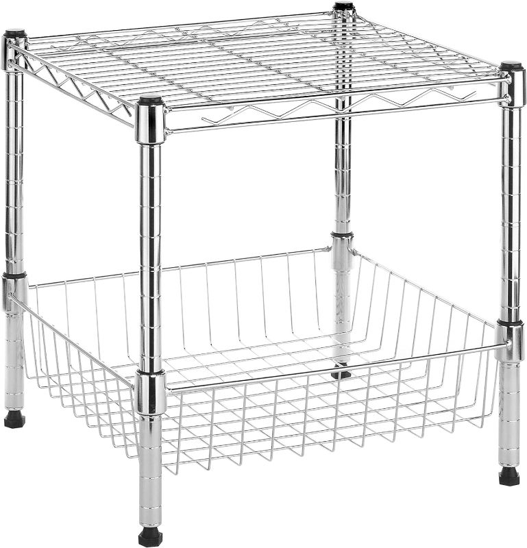 Photo 1 of Whitmor 2-Wire Shelving Unit, Metal Storage Shelves, Stacking Shelf with Basket, Easy Assembly Home Organizer for Pantry, Kitchen, Garage, Plant
