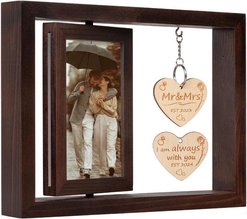Photo 1 of Qunrwe Wedding Gifts for Couples 2024,Rotating Floating Mr and Mrs Picture Frame,4x6 Rustic Wood Photo Frames with Heart Shaped Pendant,Bridal Shower Gifts Engagement Wedding Gift for Couples