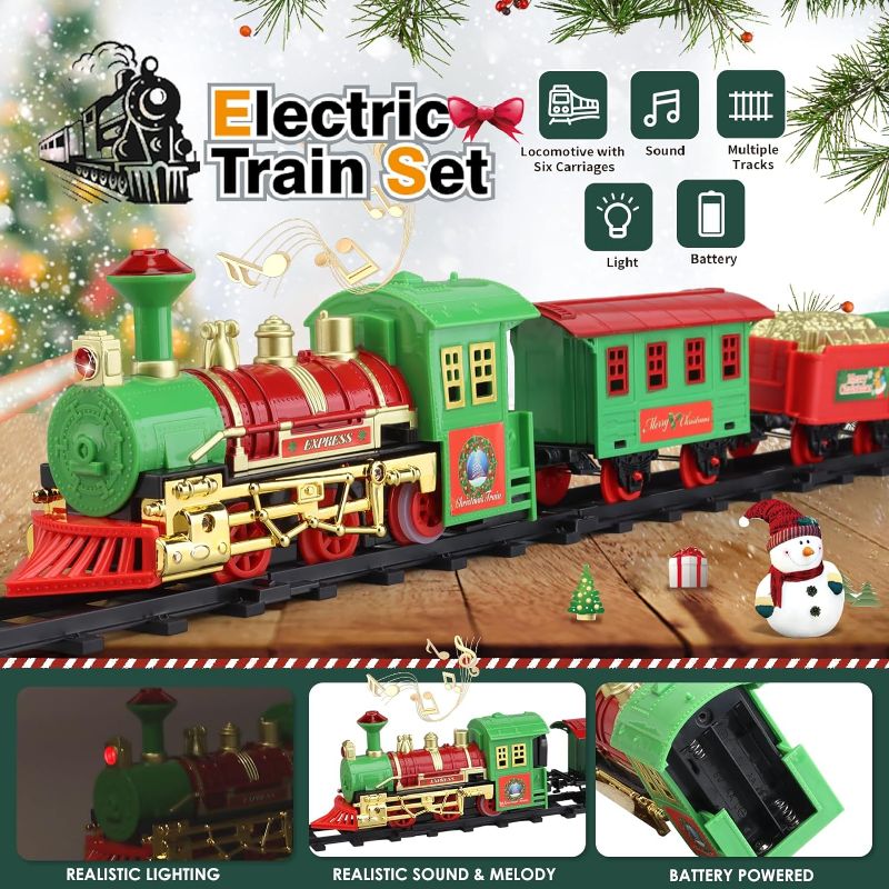 Photo 1 of Train Set for Toddlers 3-5, Electric Christmas Train Sets with Locomotive Engine, Carriages, Tracks, Light & Sounds, Christmas Train Toys Gift for Kids Boys & Girls 3 4 5 6 7 8+ Years Old
