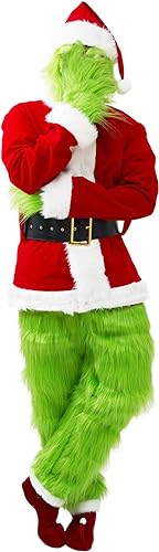 Photo 1 of Christmas Green Big Monster Santa Costume for Men 7 PCS Deluxe Furry Adult Santa Suit Xmas Holiday Outfit Include Mask
