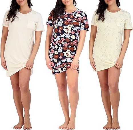 Photo 1 of Real Essentials 3 Pack: Women's Nightshirt Short Sleeve Soft Nightgown Sleep Dress With Pocket (Available In Plus Size) L
 