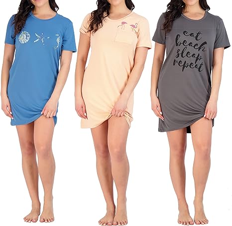 Photo 1 of Real Essentials 3 Pack: Women's Printed Nightshirt Short Sleeve Ultra-Soft Nightgown Sleep Dress (Available In Plus Size)1 X
